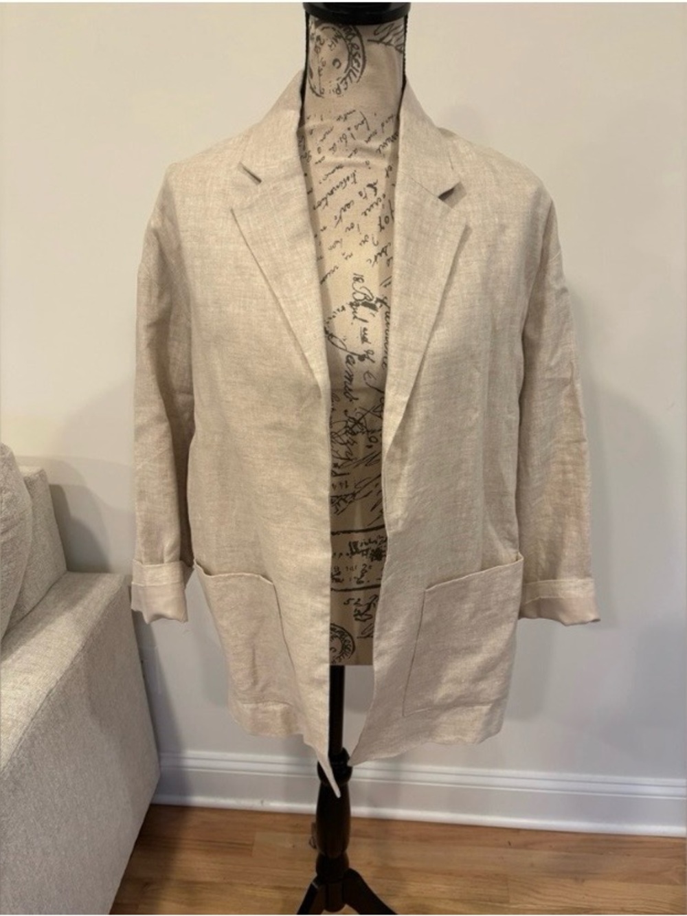 Mango Tan Beige Linen-Blend Open Front Blazer Jacket Like New Size Small